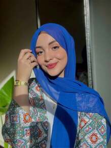 1 件女士纯色仿珍珠雪纺柔软头巾围巾，休闲长头巾，适合保守的日常佩戴头带长袍配饰 - 藍色 - 查看 1