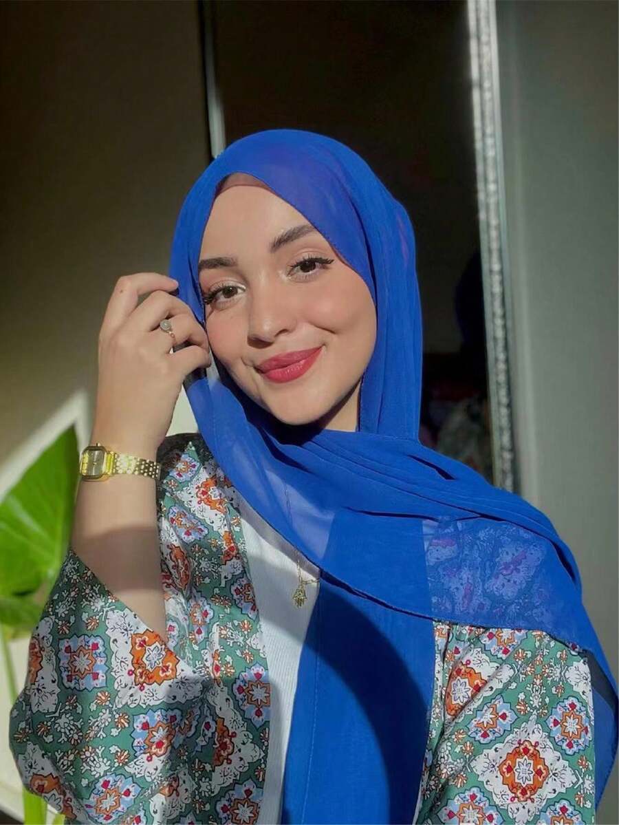 1 件女士纯色仿珍珠雪纺柔软头巾围巾，休闲长头巾，适合保守的日常佩戴头带长袍配饰 - 藍色 - 查看 1