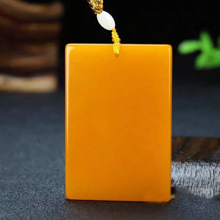 1pc Natural Green Jade Rectangular Smooth Pendant, Green Jade, White Jade, Topaz, Wealth Pendant, Guardian Peace Necklace, All Hand-Carved Double-Sided, Women, Men, Natural Gem Pendant, Quartz Crystal Necklace, Couple Necklace, Gift For Her, Suitable For Holiday Party Gifts, Quartz Crystal Gifts. - Yellow - View 1