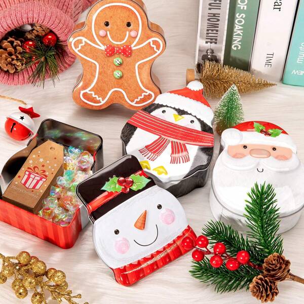 1pc Tin Box Metal Cookie Tin Box With Lid Assorted Card Holder Containers For Candy Chocolate Biscuits,Party Decor Supplies Santa Clause Snowman Gingerbread Penguin