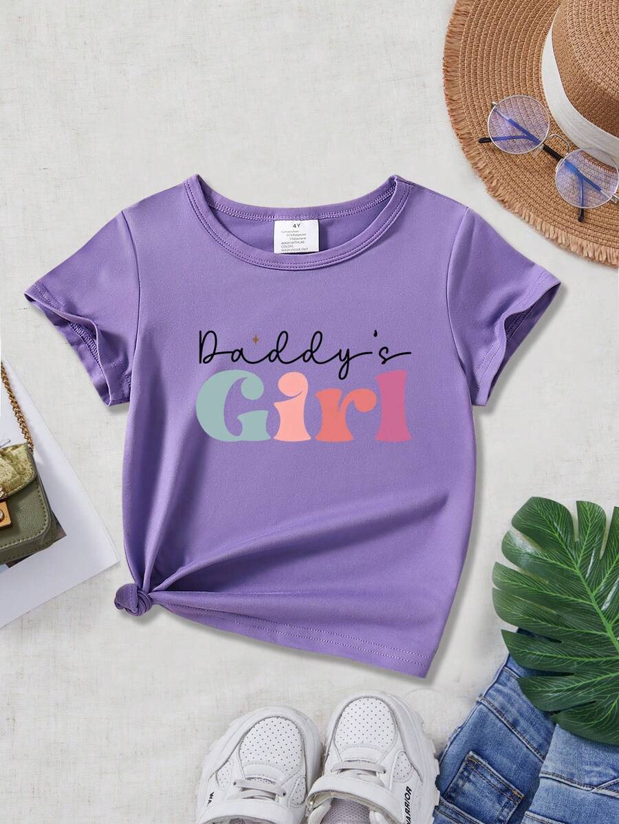 Simple Casual Letter Print Short Sleeve T-Shirt For Young Girls - Purple - View 1
