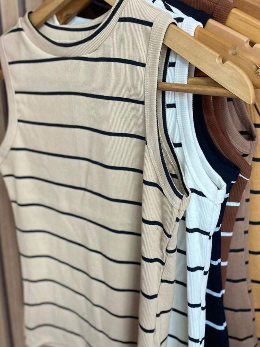 Striped Casual Tank Top - Beige - View 1