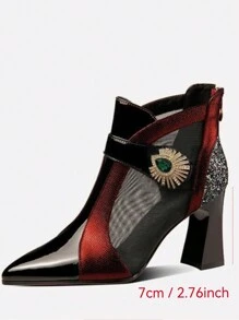 Women's Breathable Mesh High Heel Ankle Boots, Comfortable Chunky Heel Short Boots With Fashionable Back Zipper Design, Suitable For Outings, Parties Etc, All Season Wear