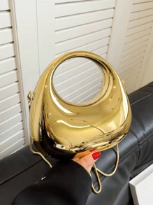 Dedoo 1个新款金色亚克力手拿包，时尚个性手提包，适合正式场合，闪亮的月牙形浅银色表面，可拆卸金属链条肩带，可斜挎，是送给时尚女性的理想礼物，未来感十足的金属色钱包，独特的朋克街头风格必备单品