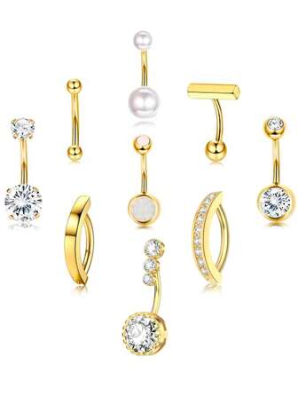 9 件不锈钢 CZ 宝石肚脐环，女士短款肚脐环身体穿孔首饰套装夹环，适合派对礼物