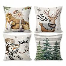 4er Set Weihnachts-Kissenbezüge, Vintage Weihnachtsmann, Schneemann, Rentier, Weihnachtsbaum Design, 45 cm x 45 cm, Weihnachtsferien Dekokissen für Wohnzimmer, Sofa, Schlafzimmer, ohne Füllung, Weihnachten