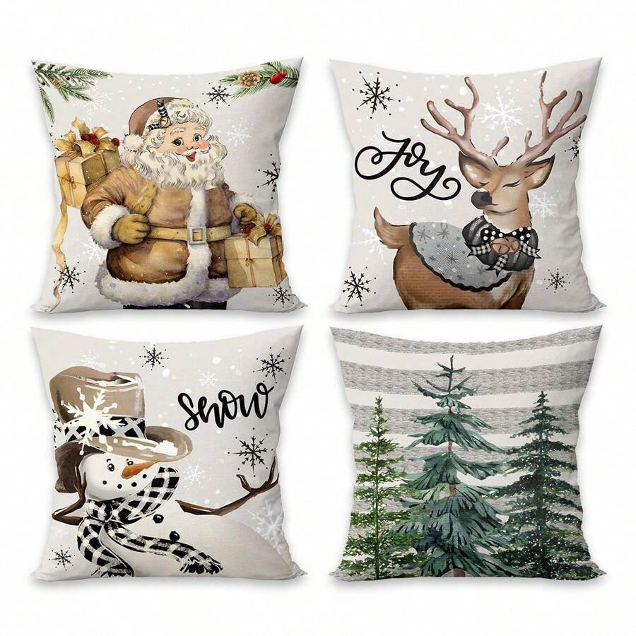 4er Set Weihnachts-Kissenbezüge, Vintage Weihnachtsmann, Schneemann, Rentier, Weihnachtsbaum Design, 45 cm x 45 cm, Weihnachtsferien Dekokissen für Wohnzimmer, Sofa, Schlafzimmer, ohne Füllung, Weihnachten