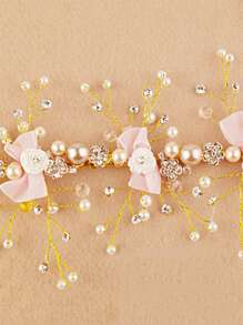 1pc Bride Pink Crystal Crown Headband Hair Accessory Lace Bow Tiara Hair Ornament - A - View 9