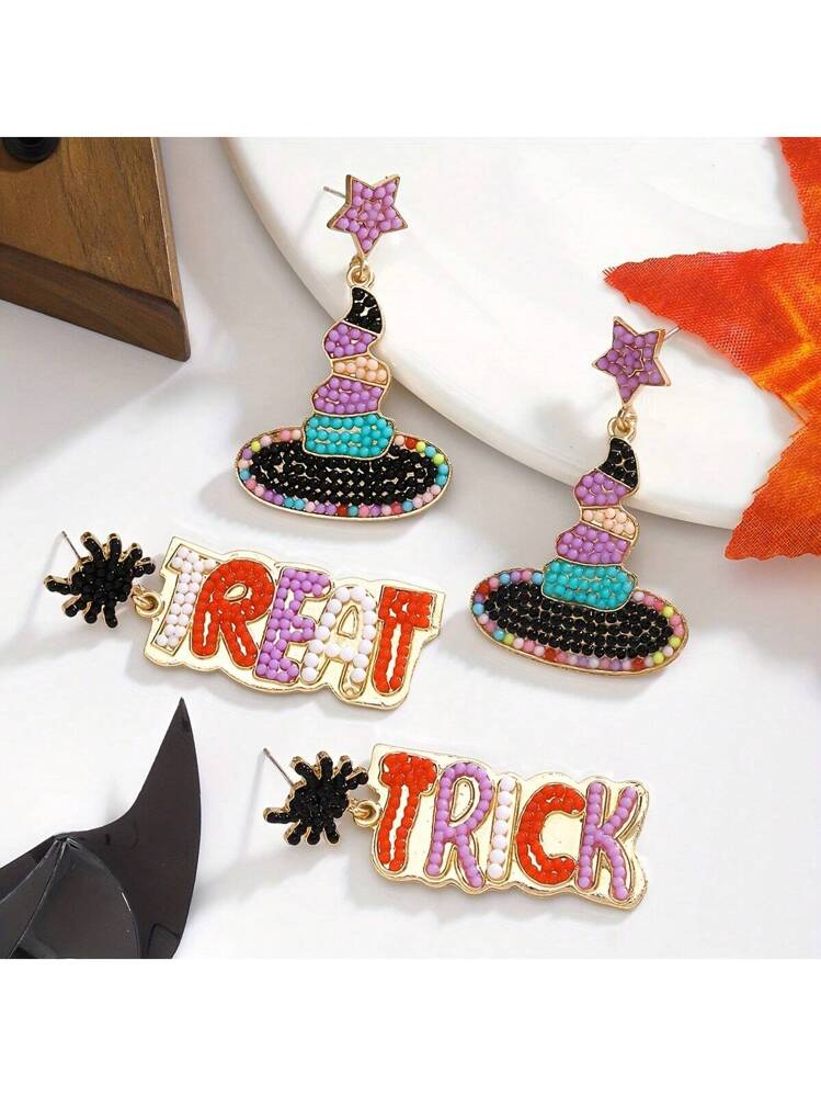 HappyHalloween♡キラキラカボションとクルクルバットのイヤリング ハンドメイド ボヘミアンビーズ クリスタルハット、キャンディーコーン