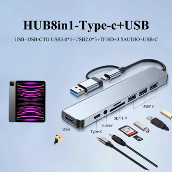 USB C Hub USB Hub 3.0, VIENON Aluminum 8 In 1 USB Splitter With 1 X USB 3.0, 3 X USB 2.0 And 1 X USB C, SD/TF Card Reader, 3.5mm Audio Aux Ports Compatible With MBook Pro Air And More PC/Laptop/Tablet Devices/Galaxy Phones