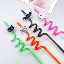 4pcs Reusable Plastic Glitter Straws, Bat & Ghost Shaped Spiral Drink Straw Favor Home Room Decoration
