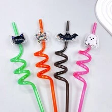4pcs Reusable Plastic Glitter Straws, Bat & Ghost Shaped Spiral Drink Straw Favor Home Room Decoration