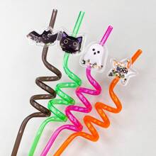 4pcs Reusable Plastic Glitter Straws, Bat & Ghost Shaped Spiral Drink Straw Favor Home Room Decoration
