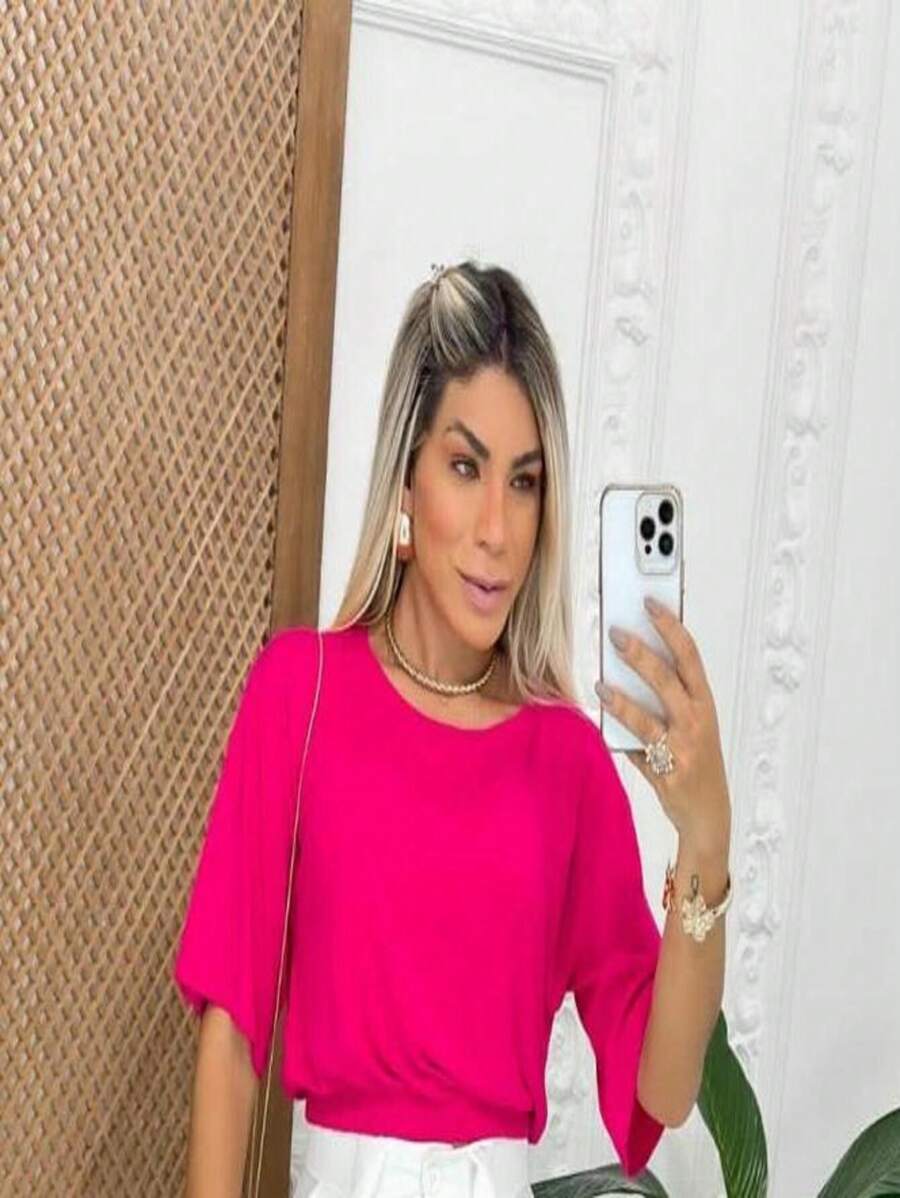 Women's Blouse Cropped Loose Plain Casual Fashion Blogger - Màu Hồng Tươi - Xem 1