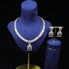 Conjunto de joyería para mujer, Collar de piedras preciosas de colores y conjunto de aretes, Cobre con circonia cúbica AAA, Conjunto de accesorios de moda de vestido de noche nupcial elegante y exagerado