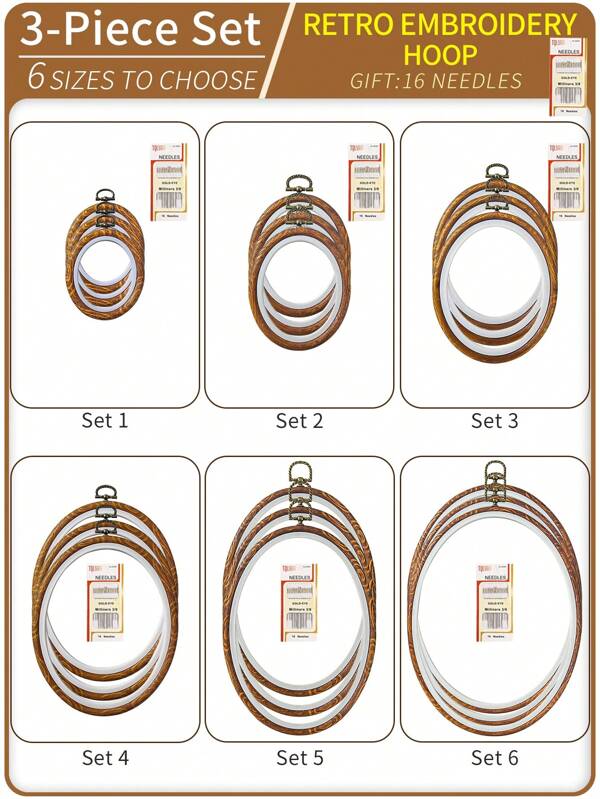 Set de 3 aros de bordado ovalados de efecto madera vintage y retro, hechos a mano con DIY, marco de punto de cruz, aros de tufting, aros de decoración de atrapasueños, fabricados en ABS y PVC con ganchos colgantes de metal, adecuados para decoración del hogar, colgantes de pared, Halloween, Navidad, llaveros, bolsos, escritorio, accesorios para el coche, que incluye 16 piezas de agujas de bordado para coser o uso doméstico