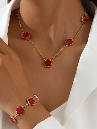 1set Fashion Flower & Clover Pendant Necklace And Bracelet Jewelry Set, Holiday Gift For Women Valentines