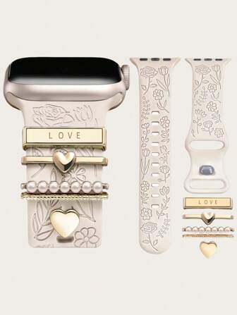 6-i-1 blomstergraverat armband + metallberlocker, dekorativ ring, kompatibelt med -armband 40 mm, 41 mm, 42 mm, 38 mm, 44 mm, 45 mm, 46 mm, 49 mm, mjukt silikonarmband med sportblommor och dekorativa, eleganta ringar, öglor, kompatibelt med -berlocker, kompatibelt med -serien 11, 10, 9, 8, 7, 6, 5, 4, 3, 2, 1, SE, för kvinnor och flickor