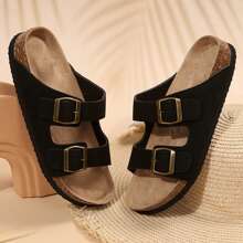 Stylish Women's Slip-On Sandals With Double Buckle,Adjustable Straps And Comfortable Cork Footbed For All-Day Wearability. - 黑色 - 查看 3