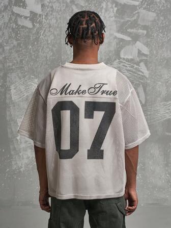 MT99 时尚街头风网眼镂空短袖数字字母印花T恤，灰色