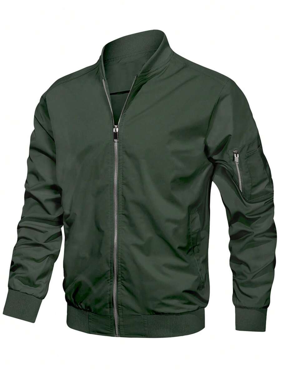 Chaqueta ligera de primavera para hombre, cortavientos casual con bolsillo con cremallera, abrigo a prueba de viento - Verde militar - Ver 1