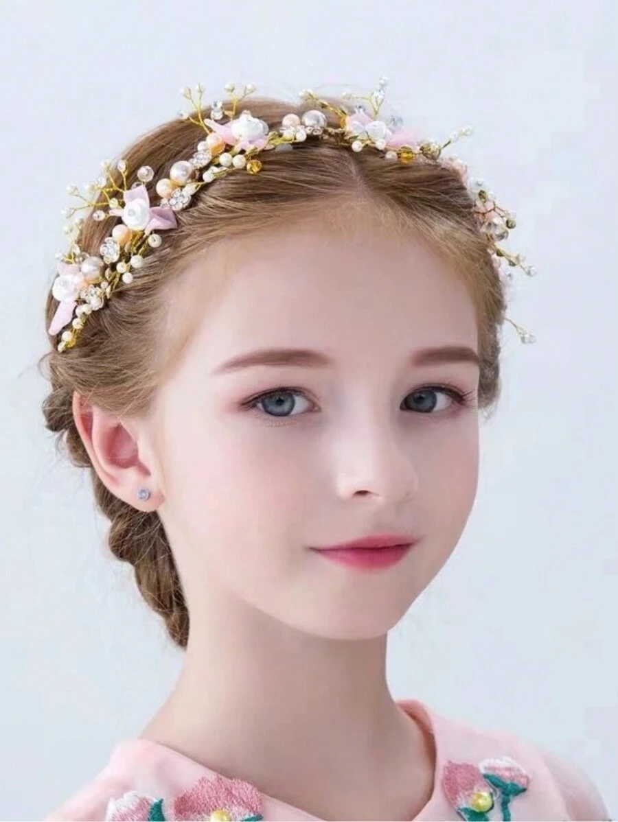 1pc Bride Pink Crystal Crown Headband Hair Accessory Lace Bow Tiara Hair Ornament - A - View 1