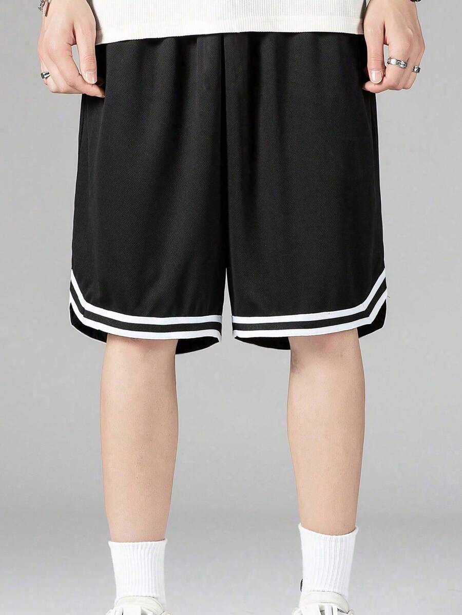 Men's Basketball Style Drawstring Casual Shorts, Contrast Color Piping Design - Black - View 1