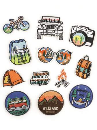 1 套/12 件多色露营、书籍、眼镜、汽车、帐篷、相机圆形徽章贴片、卡通风格、熨烫刺绣贴花，适用于服装、箱包、鞋子、帽子、家居装饰