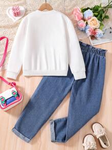 Conjunto de sudadera de forro polar con estampado de corazón y jeans de mezclilla para niños pequeños - Blanco - Ver 2