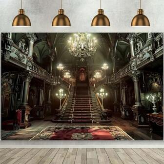 1pc Multipurpose Polyester Haunted Castle Backdrop – General Fit Halloween Party Decor With Spooky Staircase, Retro Gothic Design, No Electricity Needed, Versatile Use For Themed Events, Photo Props & Wall Decor,Christmas