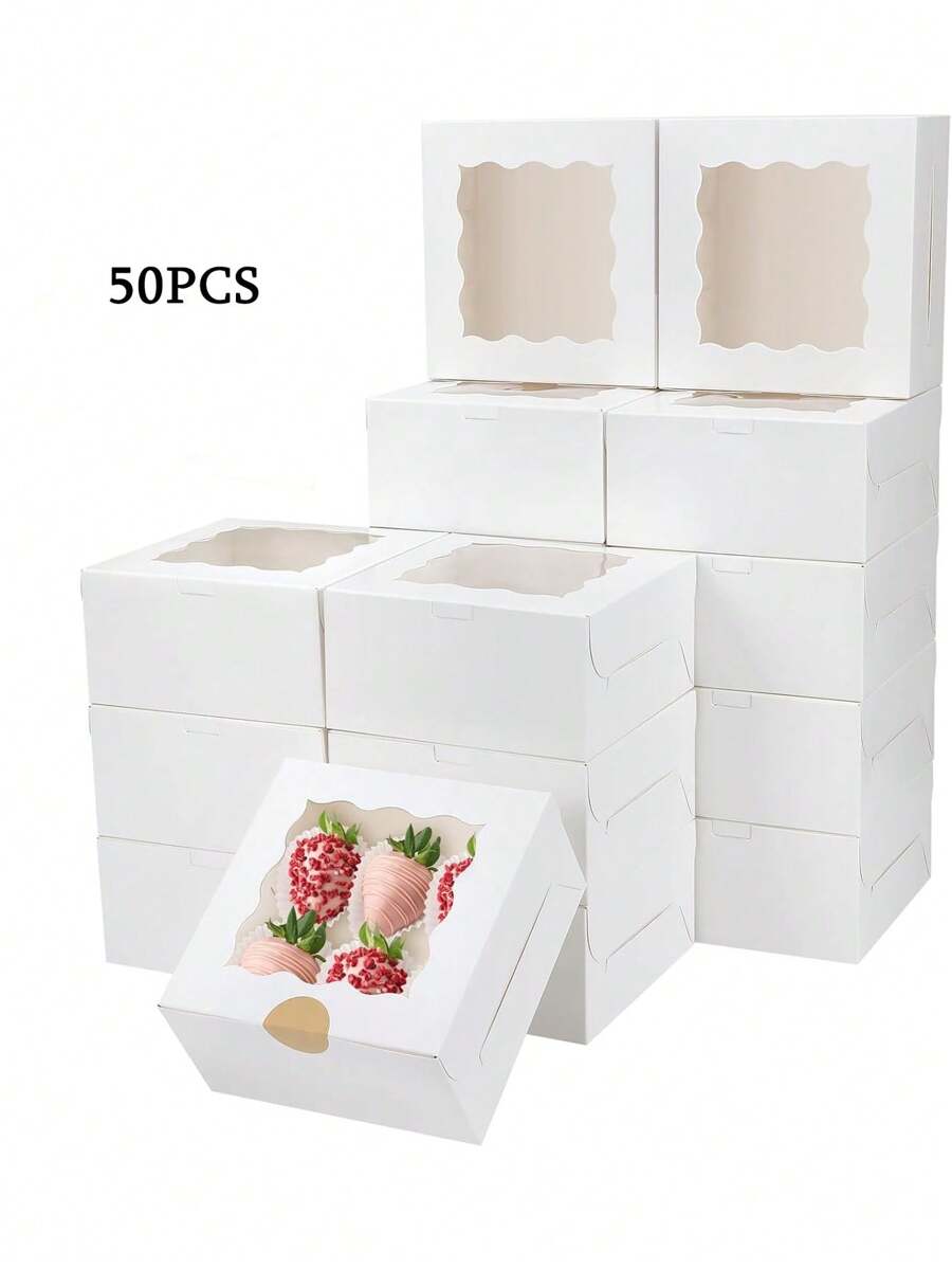 50 White Bakery Boxes 4x4x2.5 Inches With Window - 白色 - 查看 1