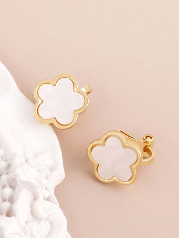 1 Pair Of Lucky Four Leaf Clover Ear Clips Fashionable Five Petal Flower Ear Clips For Women's Earrings