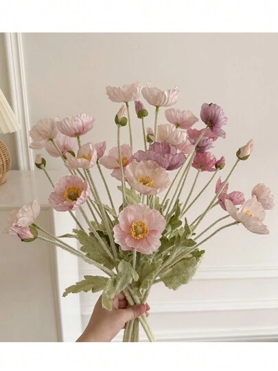 1 罂粟花仿真花家居装饰丝花毛绒棒仿真花摆件花束派对装饰婚礼装饰餐厅餐桌仿真花装饰仿真花枝含铁丝可折叠
