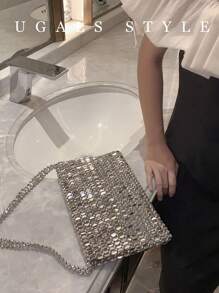 Bolsa grande feita à mão com pérolas nas axilas, prata brilhante, feita à mão, bolsa envelope de noiva, perfeita para festa, casamento, jantar/banquete, combinando com vestido de noiva, vestidos formais, vestido de baile, vestido de aniversário, vestido feminino de festa
