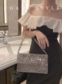 Bolsa grande feita à mão com pérolas nas axilas, prata brilhante, feita à mão, bolsa envelope de noiva, perfeita para festa, casamento, jantar/banquete, combinando com vestido de noiva, vestidos formais, vestido de baile, vestido de aniversário, vestido feminino de festa