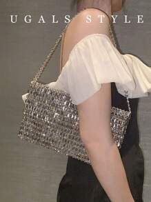 Bolsa grande feita à mão com pérolas nas axilas, prata brilhante, feita à mão, bolsa envelope de noiva, perfeita para festa, casamento, jantar/banquete, combinando com vestido de noiva, vestidos formais, vestido de baile, vestido de aniversário, vestido feminino de festa