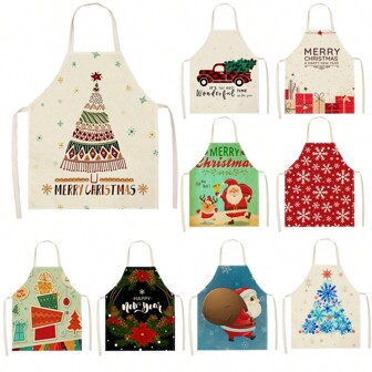1pc Christmas Snowflake Santa Claus Christmas Tree Santa Claus Delivery Truck Harvest Festival New Year Happy New Year 3D Pattern Linen Apron For Kitchen Cooking Home Use