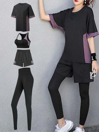 4 件套女士瑜伽胸罩、宽松 T 恤、运动紧身裤、健身休闲运动服、健身服