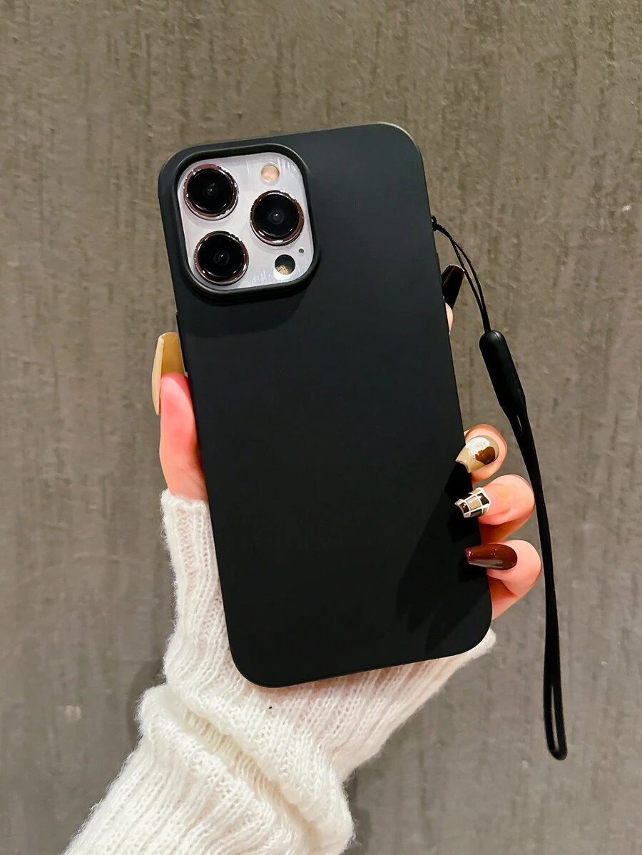 大孔黑色糖果極簡純色霧面創意防震手機殼附掛繩,適用於 iPhone 11 12 13 14 15 16 Plus 13 Pro Max XR 16 14 Plus 14 Pro Max 13 Pro Mini 17 Pro Max 16 Pro Max 及其他機型 - 黑色帶掛繩 - 查看 1