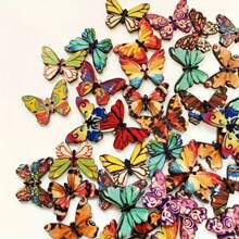 50PCS Red Wooden Butterfly Shape Buttons - Decorative DIY Craft Supplies For Scrapbooking, Clothing, Wedding, Party Decor - Vintage Style Jute Ribbon Rope Cord Embellishments Christmas Tree Button
