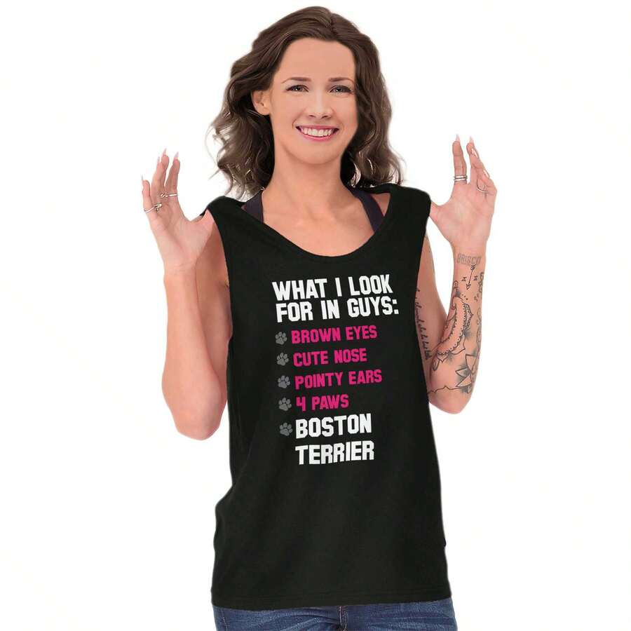 What Look In Guys Boston Terrier Dog Tank Top Tee Shirt Women - Black - View 1
