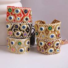 1 pieza Pulsera apilable de ojos malignos de vidrio de Lampwork trenzada con pulsera de tela envolvente - Pulsera de mal de ojo - Ver 9