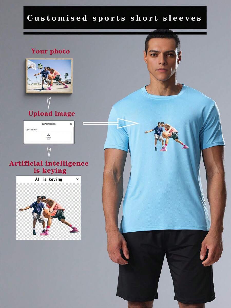 可定制运动短袖上衣 - 宽松、透气网眼、快干、轻便舒适，适合健身、户外跑步、篮球 - 淺藍色 - 查看 1