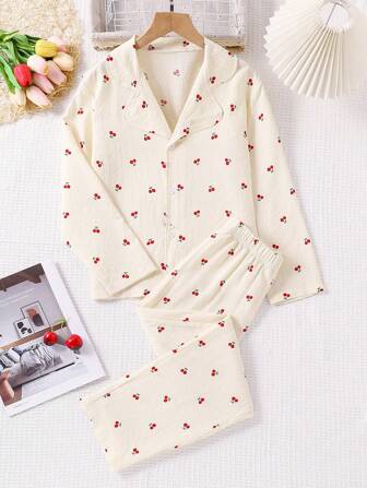 Tween Girl Two Pieces Cute Bubble Pleated Cherry Print Long Sleeved Pants Pajamas, Comfortable Fabric And Collar Design, Perfect For Spring And Autumn Pajama Parties And Relaxed Nights