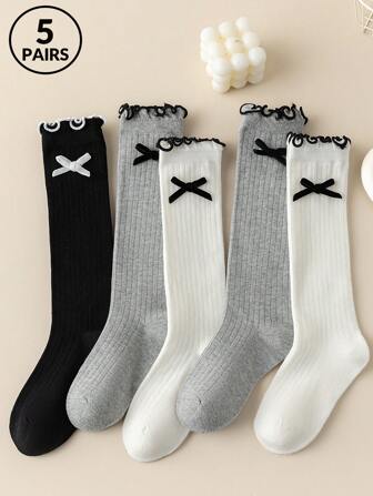 5 Pairs Random Color Girls High Tube Socks, Korean Style Knee-High Socks, Suitable For Ages 2-3, 4-7, 8-11, Autumn/Winter