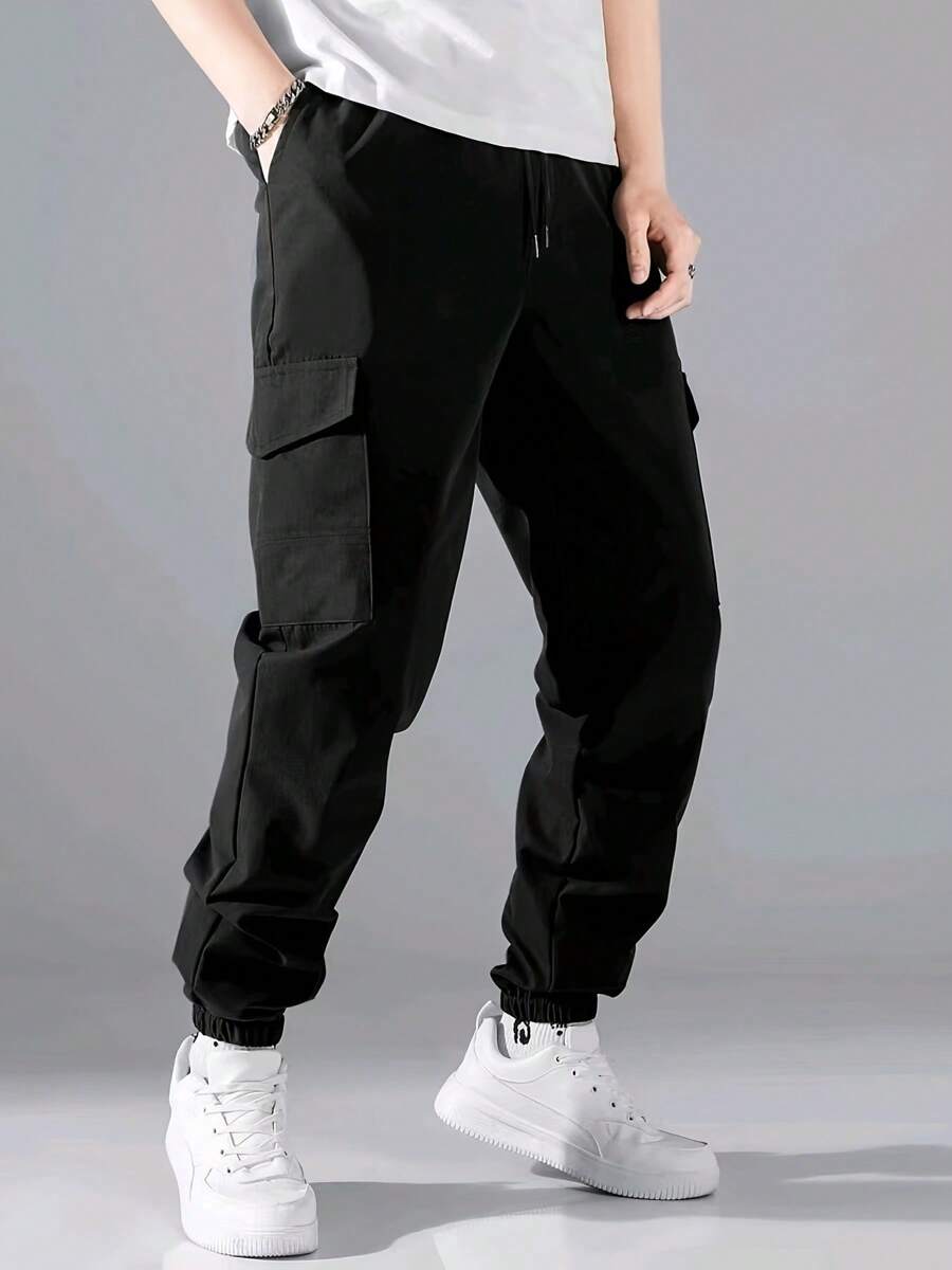 Men's Solid Color Drawstring Cargo Pants With Flap Pockets, Versatile Casual Outdoor Pants - màu đen - Xem 1