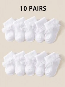5 pares de calcetines para lactantes y niños pequeños con ribete de encaje blanco, calcetines de princesa, diseño de malla ligeros y transpirables con cuello vuelto, ideales para uso diario