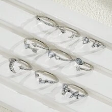 9pcs/Set Minimalist Korean Style Heart, Star, Moon, Flower Rhinestone Rings Set For Women, Casual/Date/Holiday Gift (Without Box) - Silver - View 6