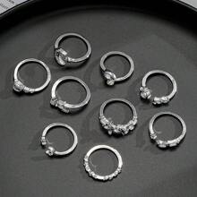 9pcs/Set Minimalist Korean Style Heart, Star, Moon, Flower Rhinestone Rings Set For Women, Casual/Date/Holiday Gift (Without Box) - Silver - View 4