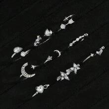 9pcs/Set Minimalist Korean Style Heart, Star, Moon, Flower Rhinestone Rings Set For Women, Casual/Date/Holiday Gift (Without Box) - Silver - View 2
